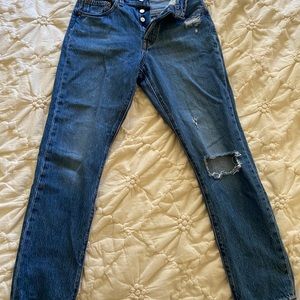 Levi’s jeans, button fly, ankle length, distressed
